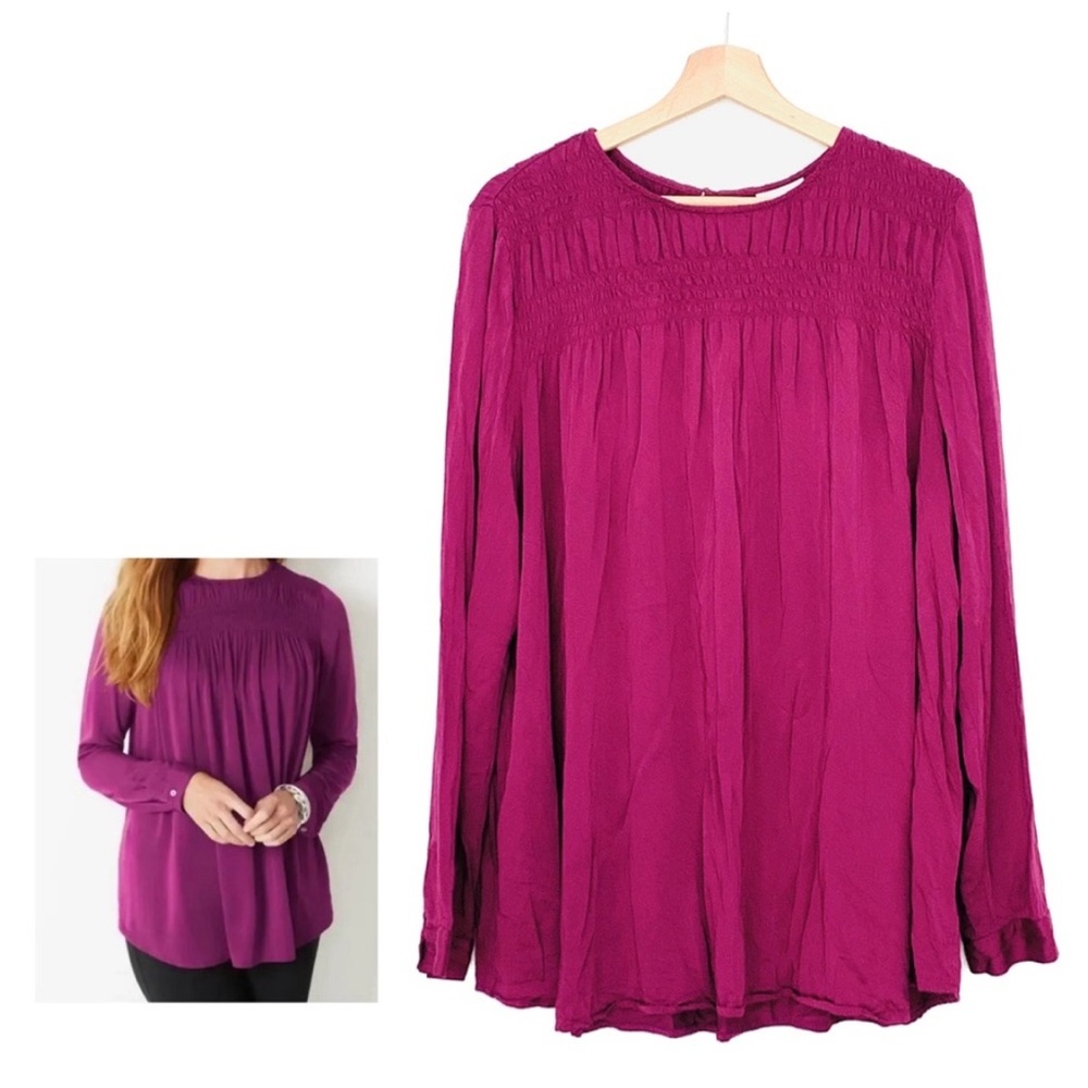 Women's Long Sleeve Smocked Yoke Blouse - Magenta